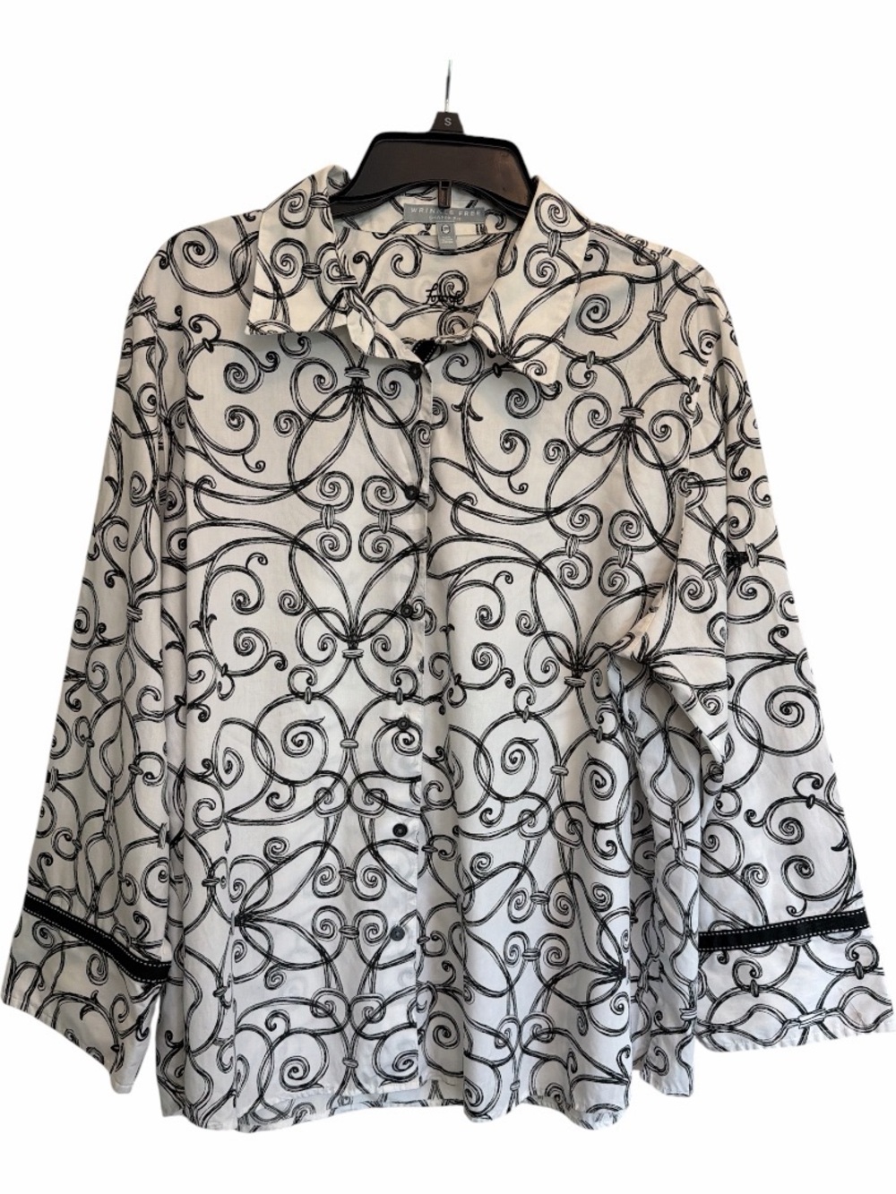 Foxcroft Wrinkle Free Scroll Print Blouse 20W Black White Career Chic Plus Size - Picture 4 of 7